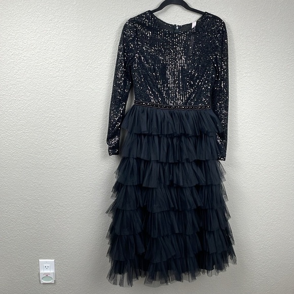 NWT Ieena Mac Duggal Black Long Sleeve Ruffle Tiered Midi Dress Sequin Sz 4 - Picture 3 of 16